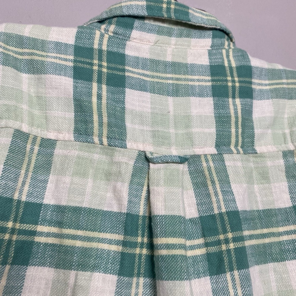 American Eagle Women Size M Button‎ Up Shirt Flannel Cropped Green Cream Plaid - Picture 7 of 16